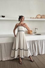 Bej Şerit Detay Keten Elbise