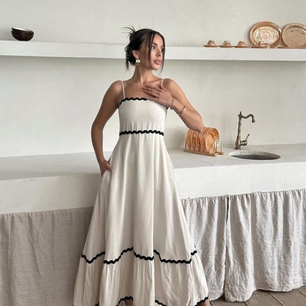 Bej Şerit Detay Keten Elbise