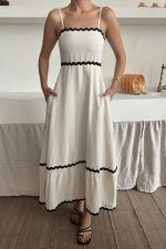 Bej Şerit Detay Keten Elbise - Görsel 4