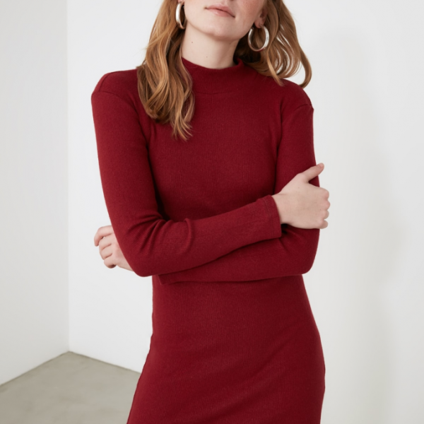 Kadın Kırmızı Düz Boğazlı Kaşkorse Elbise 1554