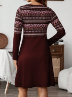 Kadın Uzun Kollu Bisiklet Yaka Etnik Desenli Kısa şardonlu Dalgıç Elbise - Görsel 2