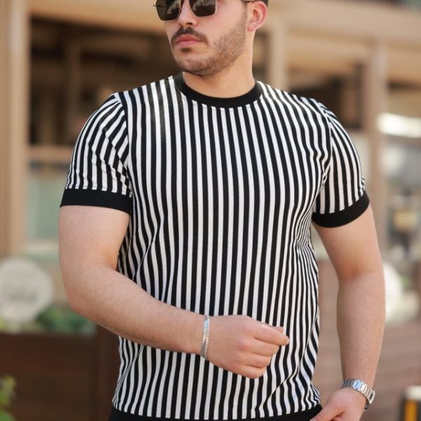 Erkek Siyah Beyaz örme Pamuklu Kumaş Kısa Kollu T-shirt