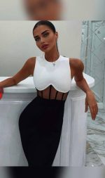 Kadın Bisiklet Yaka Kolsuz çift Renk Ve Bel Transparan Korse Detay Midi Boy Elbise - Görsel 5