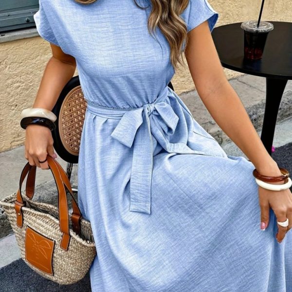 Kadın Kısa Kollu Kayık Yaka Beli Kuşaklı Aerobin Elbise