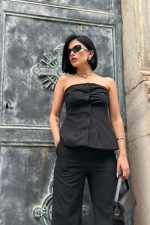 Siyah Straplez Düğmeli Crop Ve Pantolon Takım - Görsel 2