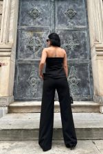 Siyah Straplez Düğmeli Crop Ve Pantolon Takım - Görsel 4