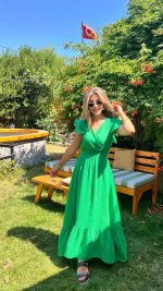 Kadın Kısa Kollu Kruvaze Yakalı Beli Lastikli Müslim Elbise - Görsel 2