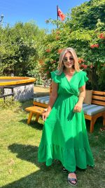Kadın Kısa Kollu Kruvaze Yakalı Beli Lastikli Müslim Elbise - Görsel 4