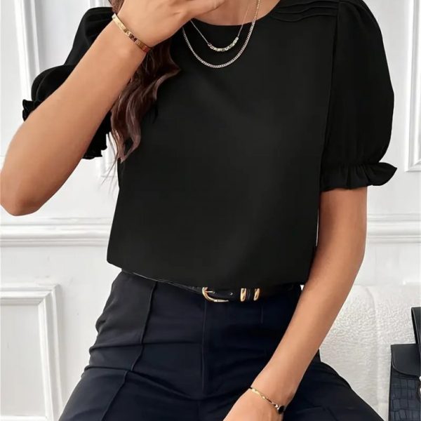 Kadın Kısa Kollu Bisiklet Yaka Kolları Gipeli Ithal Krep Bluz