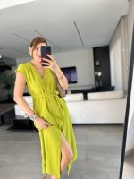 Kadınn V Yaka Düğme Detay Kuşak Dahil Elbise - Görsel 3
