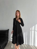 Kadın Krep Kumaş Düğme Detaylı V Yaka Uzun Kollu Midi Boy Elbise - Görsel 3