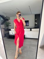 Kadınn V Yaka Düğme Detay Kuşak Dahil Elbise - Görsel 5