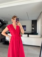 Kadınn V Yaka Düğme Detay Kuşak Dahil Elbise - Görsel 6