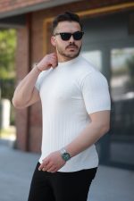 Erkek Bisiklet Yaka örgü Desenli Kısa örme Triko Kısa Kollu T-shirt - Görsel 2