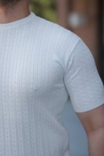 Erkek Bisiklet Yaka örgü Desenli Kısa örme Triko Kısa Kollu T-shirt - Görsel 3