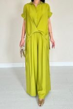 Yağ Yeşili Önü Pileli İkili Keten Takım - Görsel 4