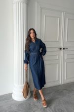 Mavi Tencel Uzun Kollu Elbise - Görsel 3