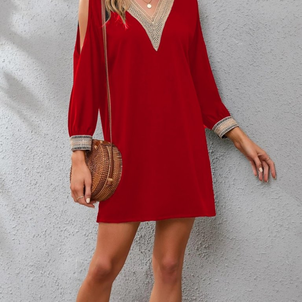 Kadın Uzun Kollu Yaka Ve Kol Manşet Güpürlü Detay Krep Mini Boy Elbise