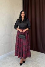 Bordo Leopar Büzgülü Uzun Etek