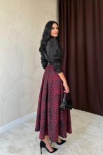 Bordo Leopar Büzgülü Uzun Etek - Görsel 3