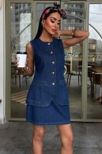 Kolsuz Yelekli Mini Etekli Denim Takım 10164 - Görsel 2