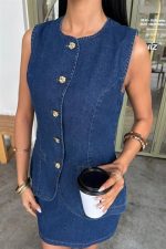 Kolsuz Yelekli Mini Etekli Denim Takım 10164 - Görsel 8