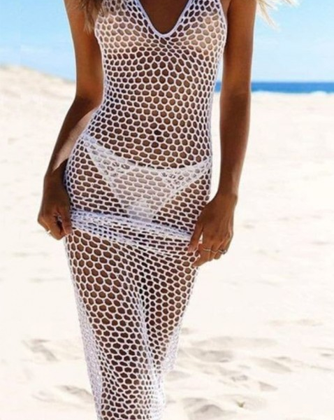 Kadın File Desen Tam Boy Askılı Triko Pareo