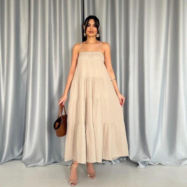 Taş Askılı Parçalı Müslin Elbise