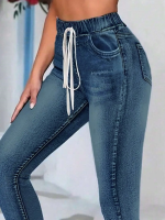 Kadın Belden Bağlamalı Cepli Yüksek Bel Kot Pantolon - Görsel 2