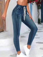 Kadın Belden Bağlamalı Cepli Yüksek Bel Kot Pantolon - Görsel 3