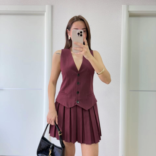 Takım Görünümlu Yelekli Mini Elbise- Bordo