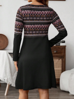 Kadın Uzun Kollu Bisiklet Yaka Etnik Desenli Kısa şardonlu Dalgıç Elbise - Görsel 2