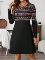 Kadın Uzun Kollu Bisiklet Yaka Etnik Desenli Kısa şardonlu Dalgıç Elbise - Görsel 3