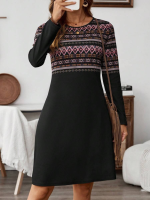 Kadın Uzun Kollu Bisiklet Yaka Etnik Desenli Kısa şardonlu Dalgıç Elbise - Görsel 4