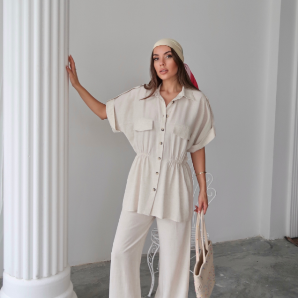 KETEN BELDEN BÜZGÜ DETAYLI GÖMLEK - PANTOLON TAKIM - Taş