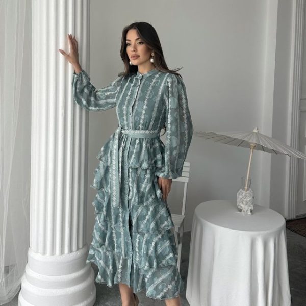 Mint Uzun Volanlı Elbise