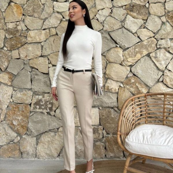 Kadın Yüksek Bel Dar Paça Kemer Dahil Kumaş Pantolon