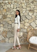 Kadın Yüksek Bel Dar Paça Kemer Dahil Kumaş Pantolon - Görsel 3