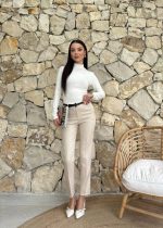 Kadın Yüksek Bel Dar Paça Kemer Dahil Kumaş Pantolon - Görsel 5