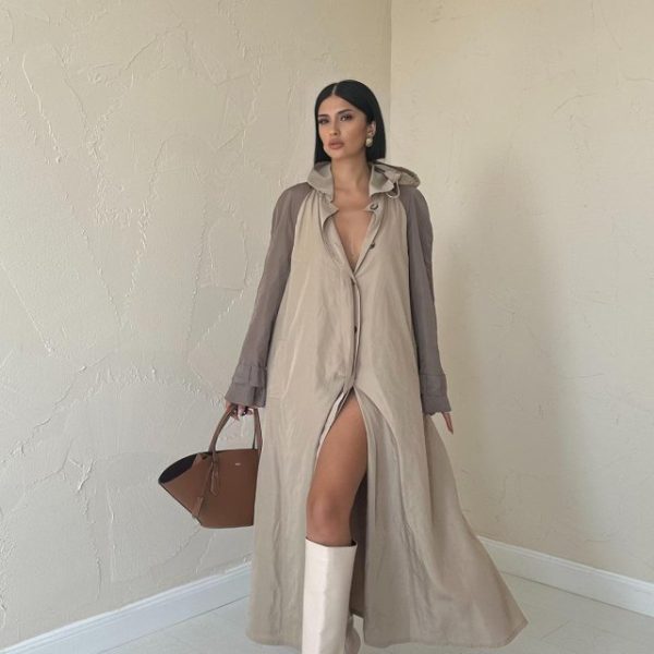 Taba Kapüşonlu Uzun Trençkot