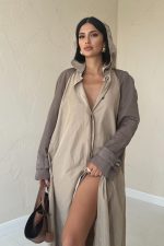 Taba Kapüşonlu Uzun Trençkot - Görsel 3