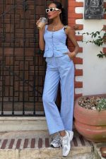 Kalın Askılı Bluz Pantolon Keten Takım 10187 - Görsel 6
