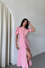 YAKA DÜĞME DETAYLI ELBİSE- Pembe - Görsel 2