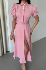 YAKA DÜĞME DETAYLI ELBİSE- Pembe - Görsel 4