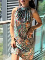 Kadın Kolsuz Boyundan Askılı Desenli Midi Süprem Elbise - Görsel 3