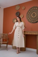 Bej Düğmeli Keten Elbise