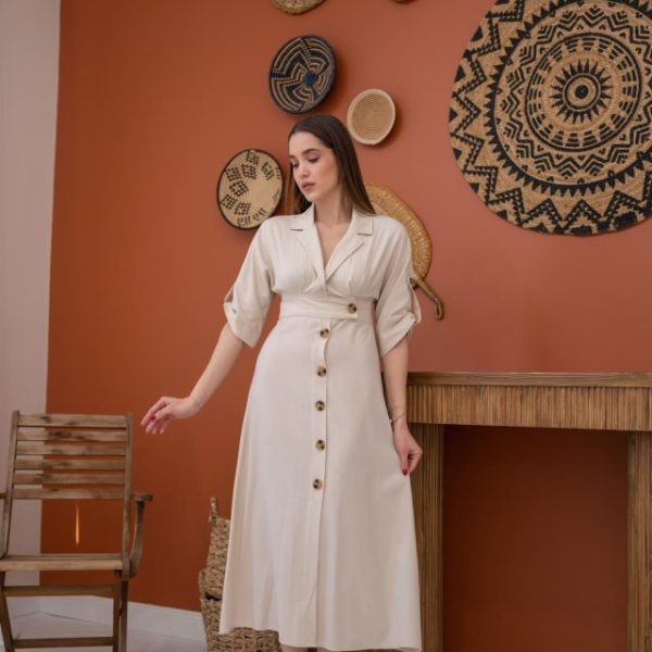 Bej Düğmeli Keten Elbise