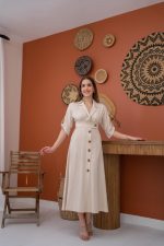 Bej Düğmeli Keten Elbise - Görsel 2