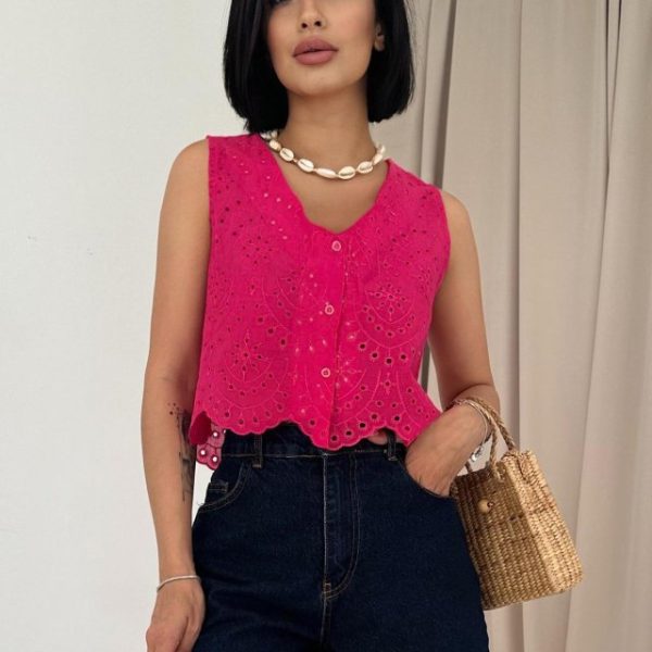 Fuşya Sıfır Kol Brode Bluz