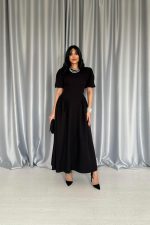 Siyah Etek Yanları Büzgülü Balon Kollu Elbise - Görsel 3